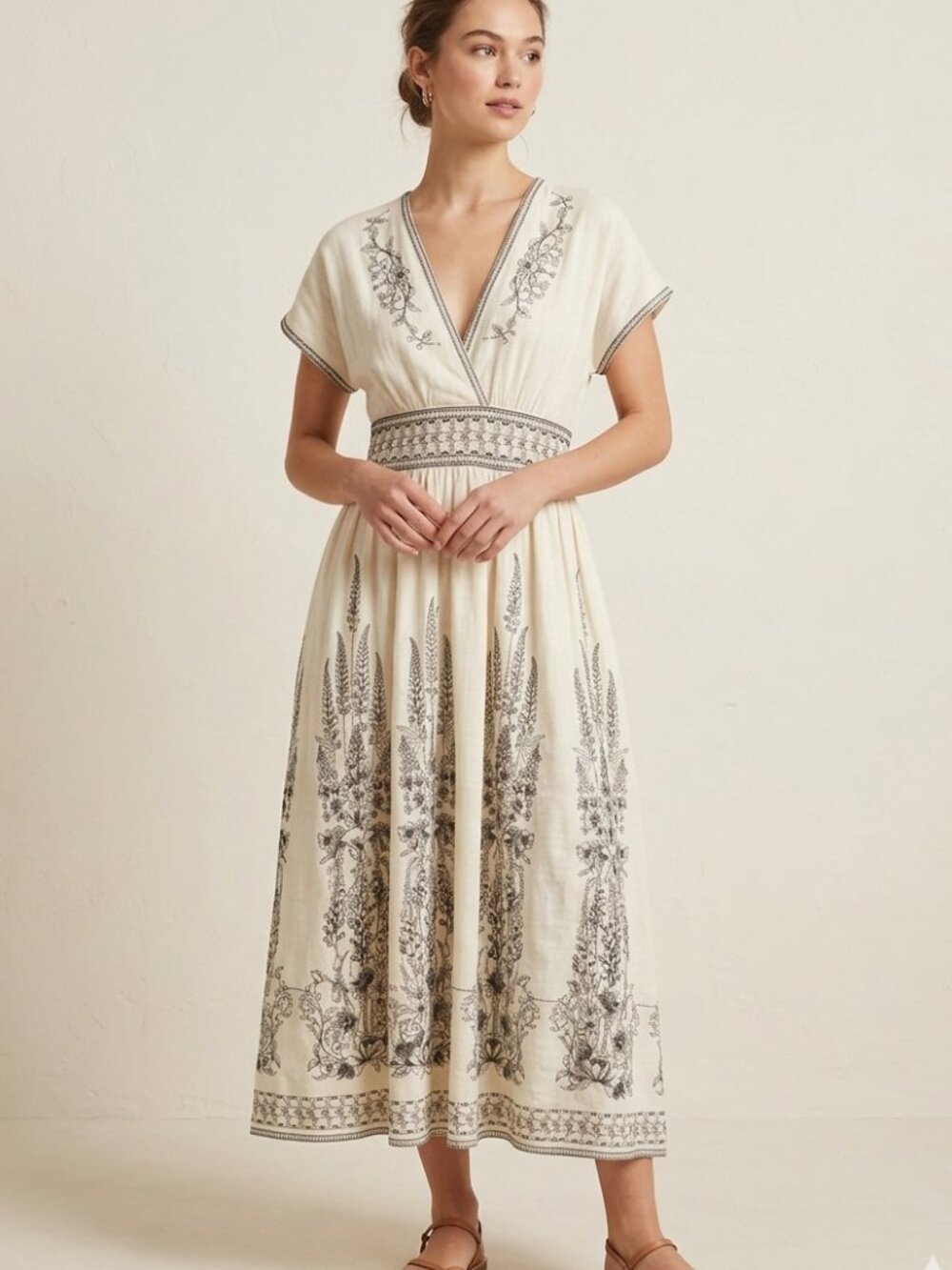 NWT Max Studio Linen Blend Embroidered Print Midi Dress Cream Ivory M